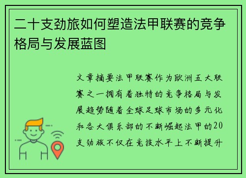 二十支劲旅如何塑造法甲联赛的竞争格局与发展蓝图